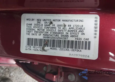 2003 Toyota Corolla S from USA, damaged, VIN 1NXBR32E63Z041587